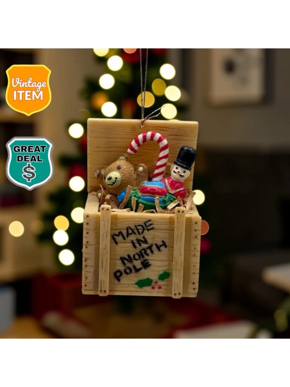 Open Toy Crate Christmas Ornament North Pole Box Candy Cane Solider Teddy Bear.